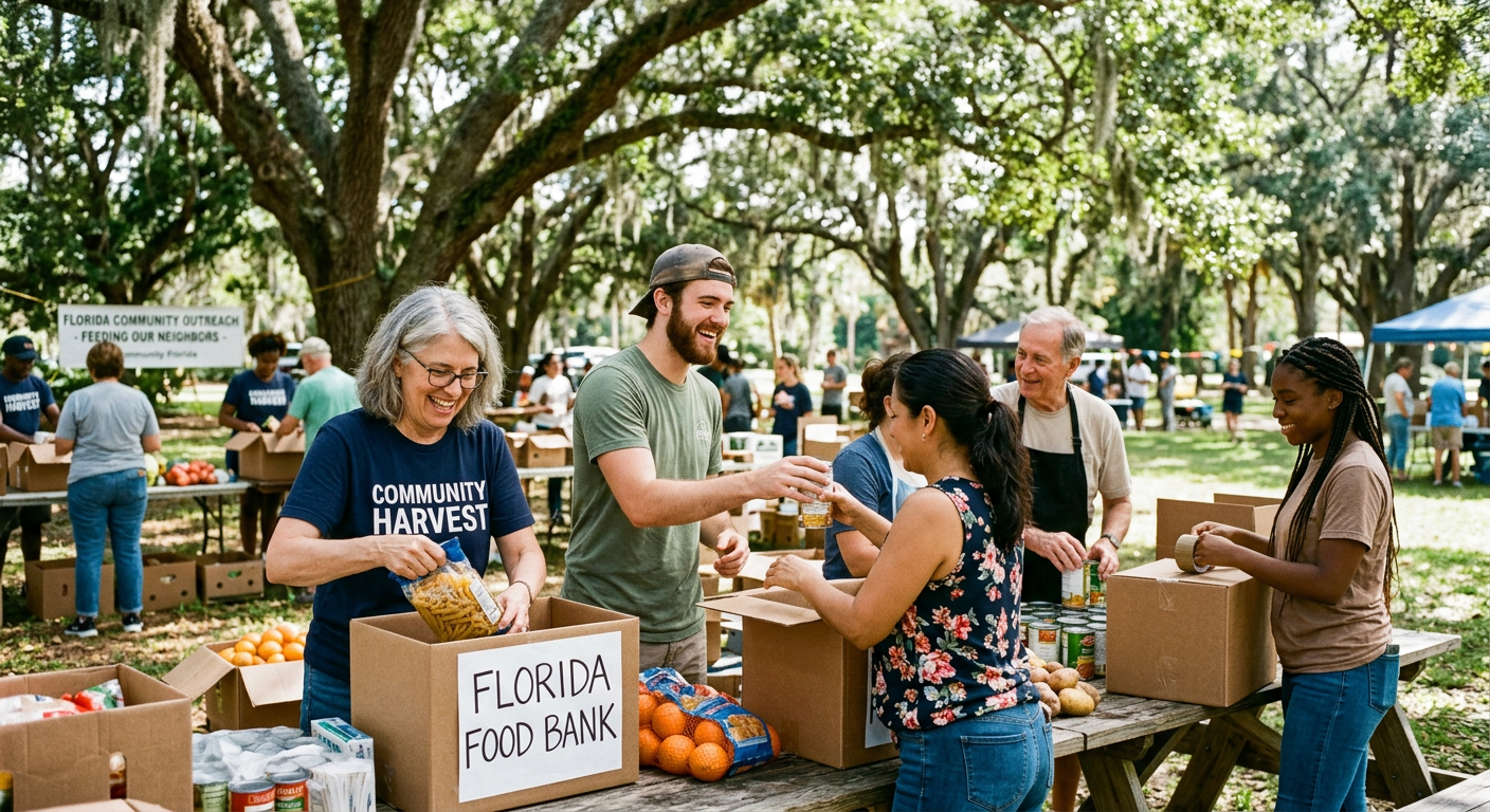 Volunteers packing food boxes at an outdoor community event