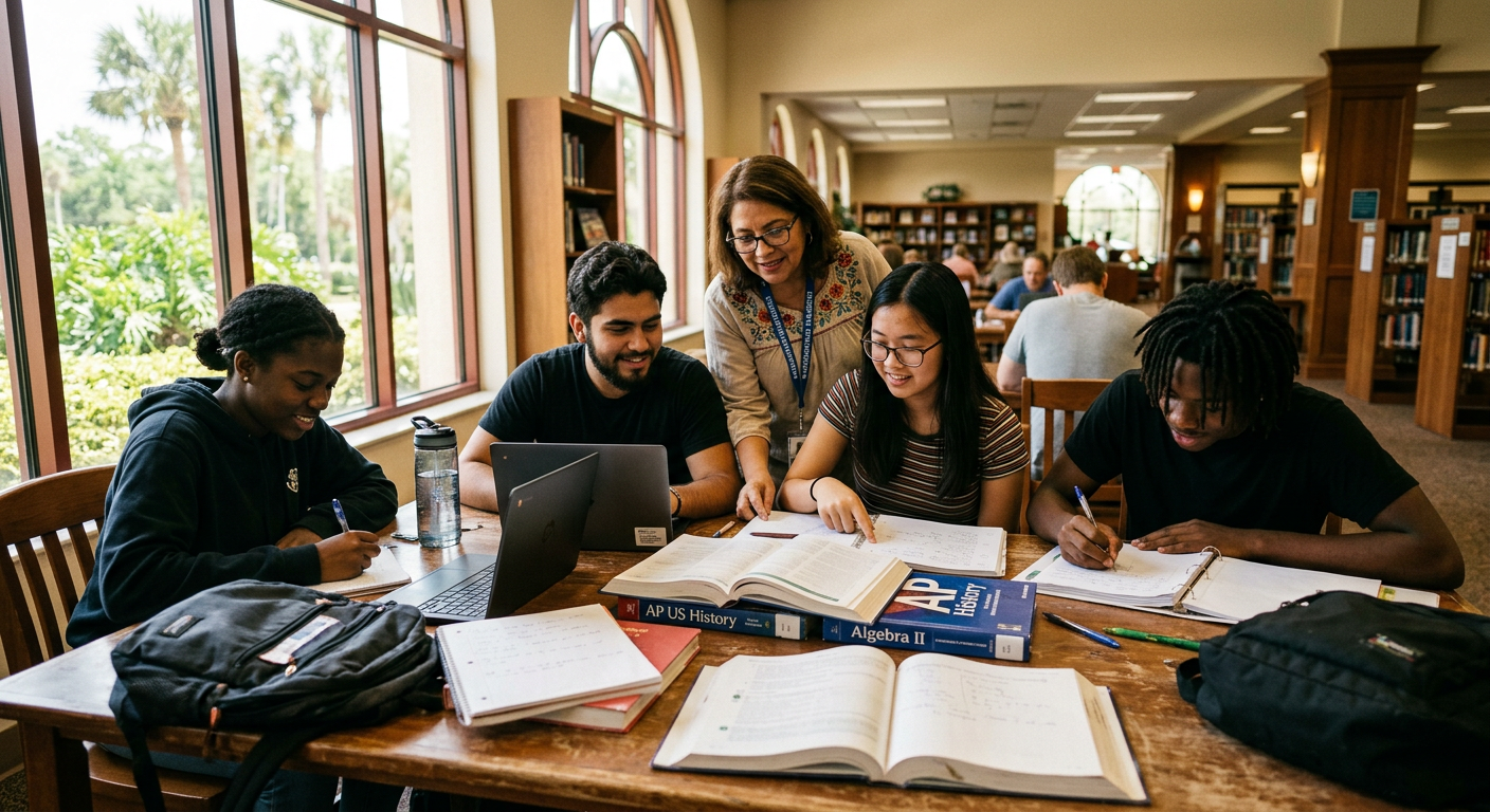 Students studying together at a library table with a volunteer mentor