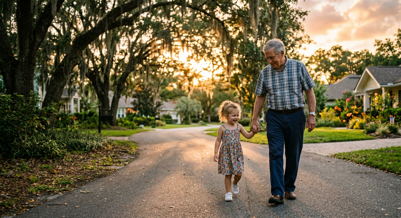 A grandparent and child walking hand in hand on a tree-lined path